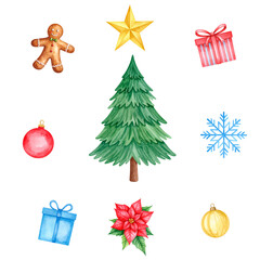 Seamless Christmas set pattern, transparent background. Christmas tree, star, gingerbread man, poinsettias, baubles, present box, snowflake. Watercolor illustration