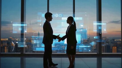 Confident business professionals shake hand and collaborate on future tech strategy with city skyline and data visualizations in modern office at dusk - Powered by Adobe
