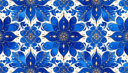Fototapeta premium Ornate floral pattern featuring blue and gold stylized flowers and swirling foliage on a white background, creating a decorative and elegant design.