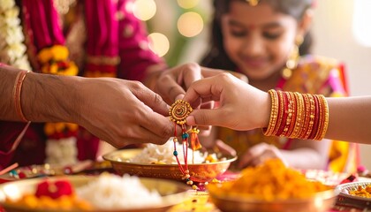 Obraz premium A sister's hands tying a sacred Rakhi on her brother's wrist during the Raksha Bandhan festival, celebrating the sibling bond.