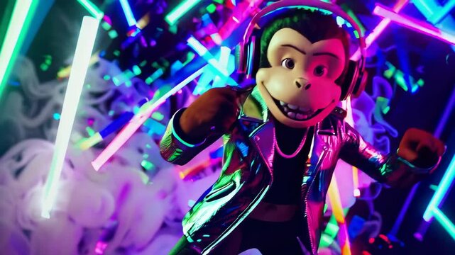 Cartoon monkey DJ in metallic outfit surrounded by neon lights and glow sticks, fun party concept with dancing atmosphere and surreal animated character in vibrant nightclub