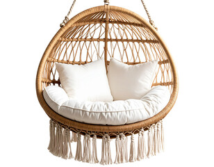 Obraz premium Front View of Wicker Hanging Chair with White Cushions and Macrame Suspension, Boho Style, Transparent Background