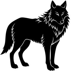 Standing wolf animal illustration in black and white silhouette