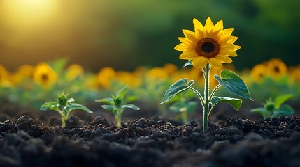 Blooming sunflower in a lush field symbolizing growth and prosperity