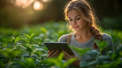 Woman examining agricultural data on tablet in lush green field