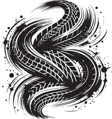  Dynamic black and white abstract artwork of tire tracks blending into sweeping brush strokes with splatter effects, conveying motion, energy, and raw industrial aesthetic