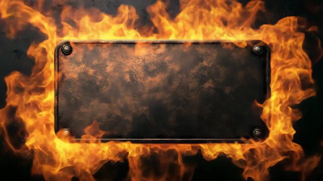 Burning metal plate with fiery flames surrounding edges creating intense dramatic effect bright orange yellow fire dark background heat glowing texture iron steel hot danger energy power industrial