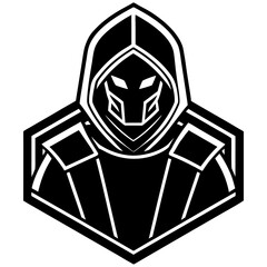 Stylized black and white hooded figure emblem