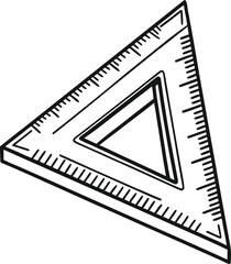Triangular Ruler: A precise drawing tool rendered in striking black and white, with an emphasis on the detailed scale and shape.