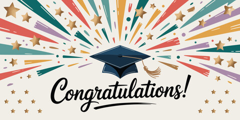 Graduation celebration design with cap, colorful radiating rays, gold stars, and bold “Congratulations!” text — festive academic achievement graphic