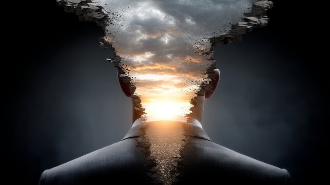 A man in a dark suit stands with his back turned, his head replaced by an abstract cloudy sky and glowing sunset,