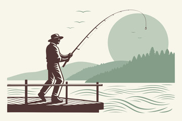 Silhouette of man fishing from wooden dock at sunrise