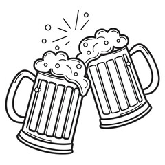 Two Black and White Line Drawing Beer Mugs Clinking