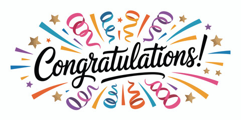 Congratulations! festive design with bold cursive text, colorful streamers, stars, and celebratory elements — joyful graphic for success
