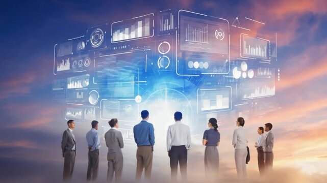 Diverse business team gazing at futuristic holographic data visualization displaying global market trends and financial growth in a dynamic sky. - Powered by Adobe