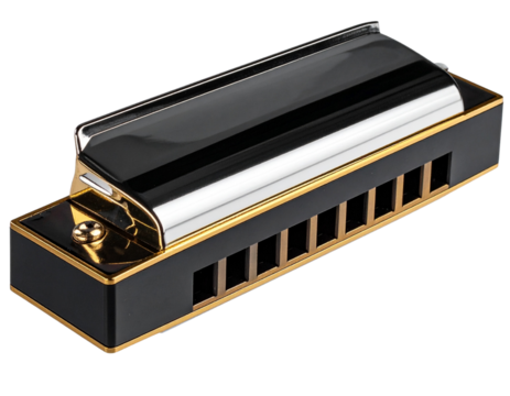  Macro Close-Up of Harmonica Mouthpiece and Gold Trim, Artistic Focus on Texture and Shine, Transparent Background