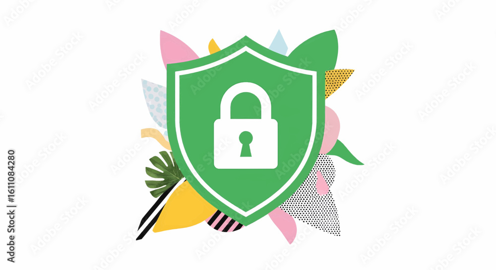 Poster a green shield with a padlock symbolizing robust cybersecurity and data protection, framed by vibran