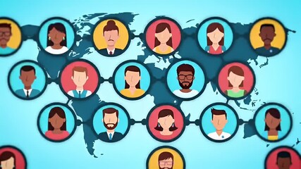 Graphic image of connected stylized portraits spread across a world map - Powered by Adobe