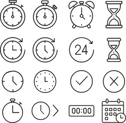 Time Line Editable Icons set. Vector illustration in modern thin line style of clock related icons: timer, stopwatch, alarm, and more. Isolated on transparent background