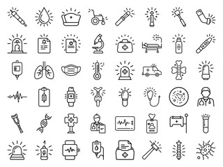 Naklejka premium Medical Healthcare Line Icons Set Syringe, Stethoscope, Hospital Equipment, Organ, and Doctor Symbols with Bright Glowing Accents for Modern Design