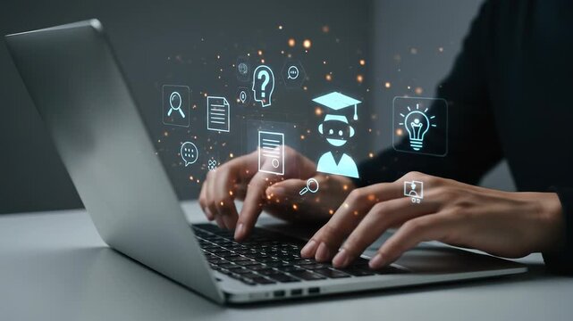 Digital learning and education icons emerging from a laptop being used by an unseen person