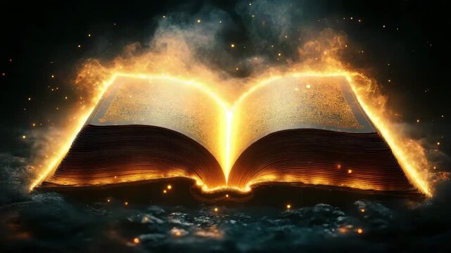 Magical open book glowing with fiery light and sparks emitting mystical energy dark smoky atmosphere creating enchanting powerful visual effect and glowing open book with fiery edges floating around