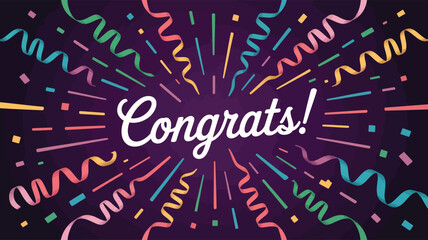 “Congrats!” celebration design with white cursive text, confetti, streamers, and rays on dark purple background — vibrant festive illustration