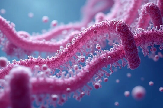 Artistic scientific visualization of biomaterials interacting &mdash; collagen forming fibrous networks, keratin strands intertwining, chitosan gels merging with fibrin clots; semi-transparent organic textu