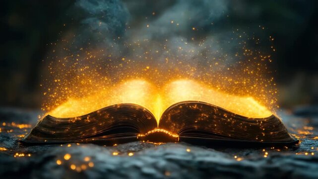 Magical open book glowing with golden light and sparkling particles, emitting mystical aura and fire sparks, creating enchanting atmosphere dark background with light particles and magic illumination