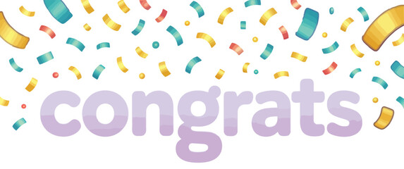 “Congrats” celebration vector with light purple text, colorful confetti, falling ribbons, and white background — cheerful design for achievements