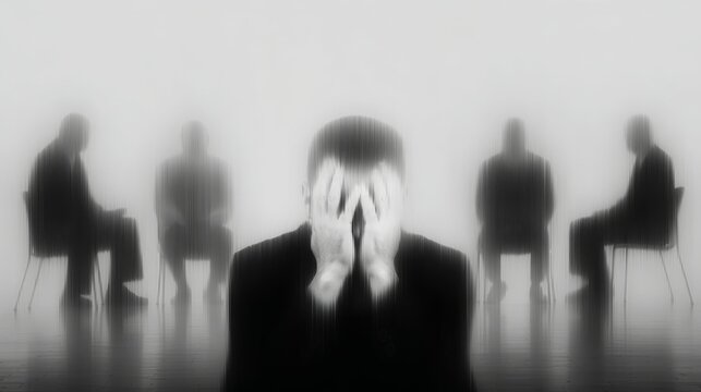 A monochrome artwork in muted grayscale tones features silhouettes of pensive figures in dark attire,