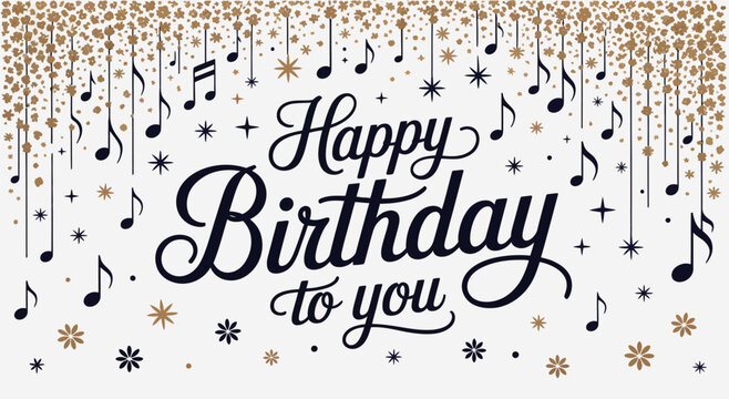 Elegant birthday greeting with cursive message, gold musical notes, and festive confetti cascade — luxury vector design for celebration themes - Powered by Adobe