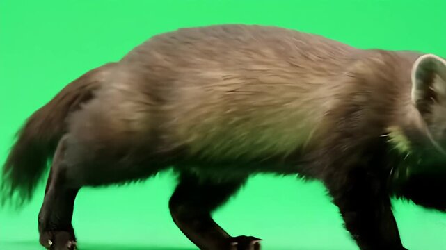 Energetic sable animal walks with purpose across an inviting, vivid green backdrop