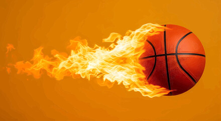 Fototapeta premium A flaming basketball flying with intense speed, a fiery symbol of competition and sporting passion against an orange backdrop.