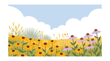 Cheerful Meadow Illustration with Black-Eyed Susans and Coneflowers Under a Cloudy Sky - Vector Design for Nature-Themed Projects