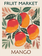 Retro Fruit Market poster in Mid Century Modern style featuring Mango abstract illustration. Vintage colorful wall art design