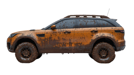 Off-Road Vehicle Covered in Mud: A robust off-road vehicle, fully coated in mud, stands as a testament to its rugged capability and adventurous spirit.