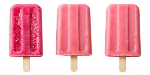 Set For pink strawberry popsicles isolated on transparent background