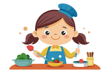Wearing a chef hat and apron, the child is seen preparing food with joy, ideal for educational materials, kids’ cookbooks, food blogs, culinary posters, and children’s activity books. 