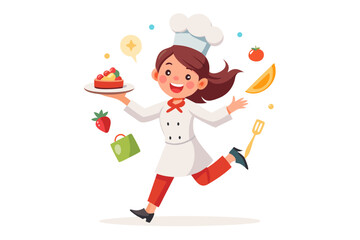 Wearing a chef hat and apron, the child is seen preparing food with joy, ideal for educational materials, kids’ cookbooks, food blogs, culinary posters, and children’s activity books. 