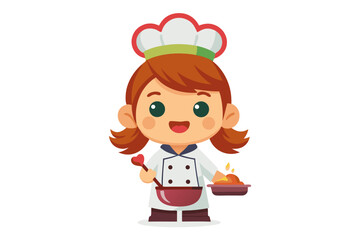 Wearing a chef hat and apron, the child is seen preparing food with joy, ideal for educational materials, kids’ cookbooks, food blogs, culinary posters, and children’s activity books. 