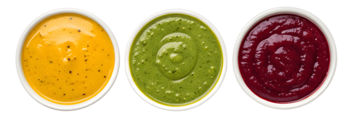 Set For Three bowls of colorful sauces isolated on transparent background offer a variety