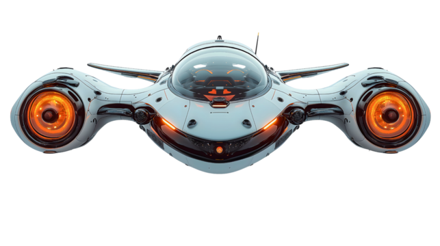 Futuristic Spaceship Design: A sleek, futuristic spaceship design, its intricate details hinting at advanced technology. Its dynamic form and bright engine glow suggest speed and exploration.