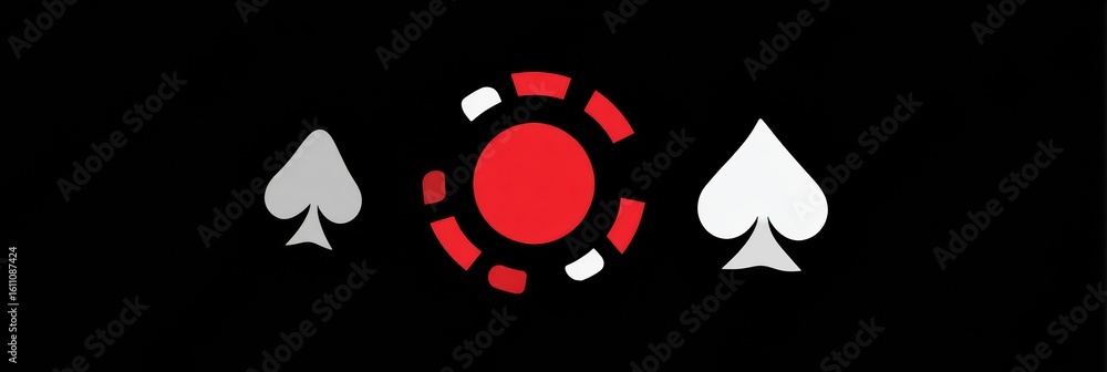 Poster stylish card suit icons orbit around a vibrant central chip on a black background, creating an engag