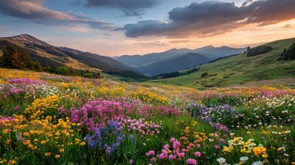 Fototapeta premium Lush Meadow Filled with Colorful Wildflowers Under a Stunning Sunset with Majestic Mountains in the Background