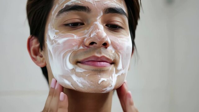 Young man applying skincare foam: gentle face massage and relaxation routine in three steps