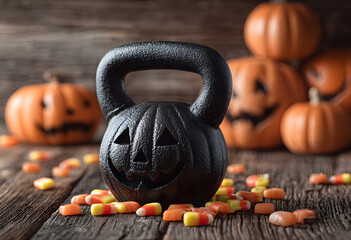 Heavy kettlebell crushing carved Halloween pumpkin head jack lantern (Jack-o'-lantern). Candy spills out of the mouth. Healthy fitness lifestyle Halloween composition on wooden background.