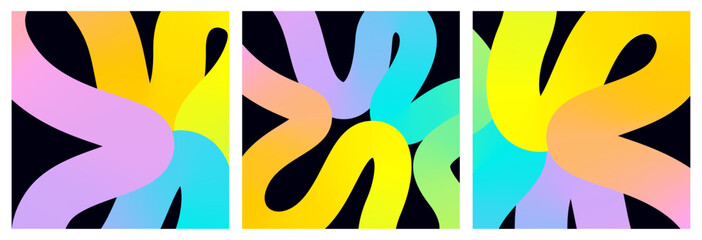 Set of square background with abstract rainbow curve smooth line, neon gradient. Web banner with 3d swirled dynamic liquid colored ribbon, tape on black. Vector EPS10
