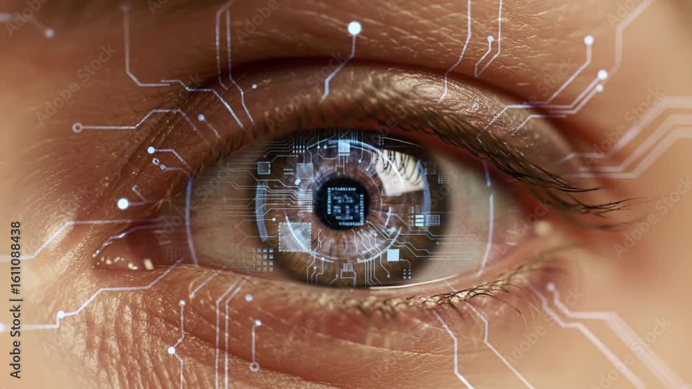Poster a close up of an eye with digital circuit patterns overlayed on the iris and surrounding skin area