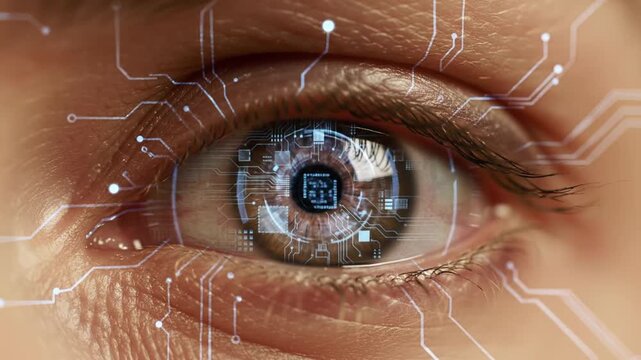 A close up of an eye with digital circuit patterns overlayed on the iris and surrounding skin area